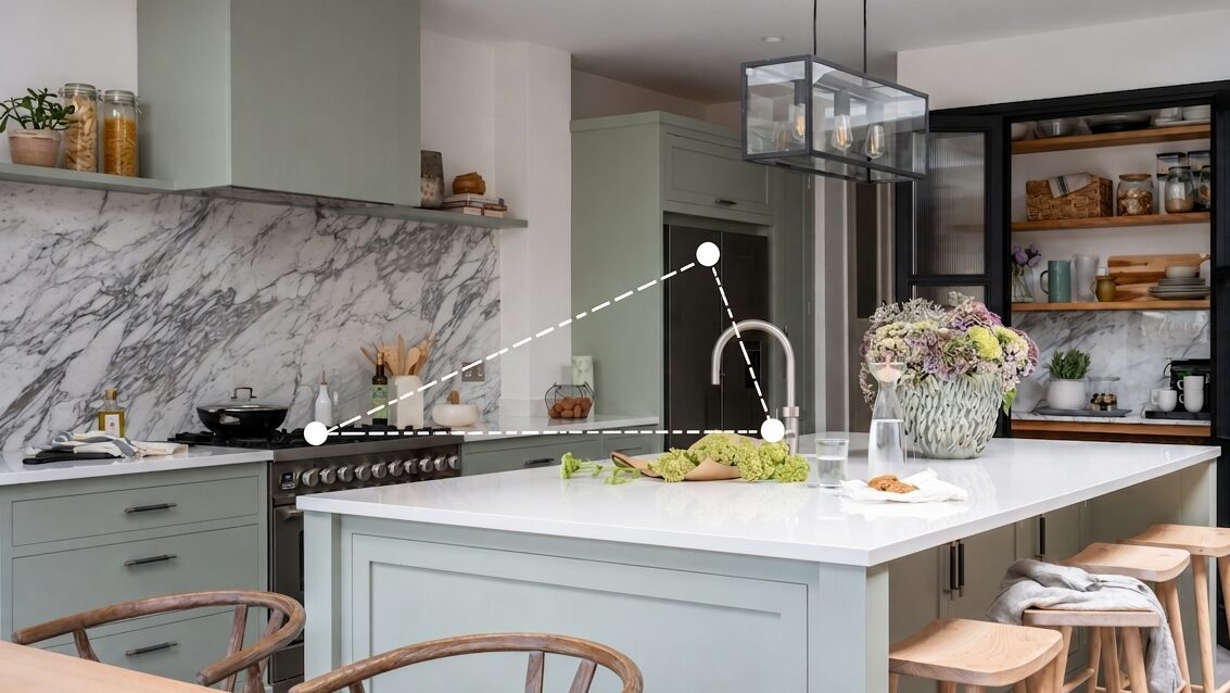 Light green Arbor kitchen with island and kitchen triangle illustration