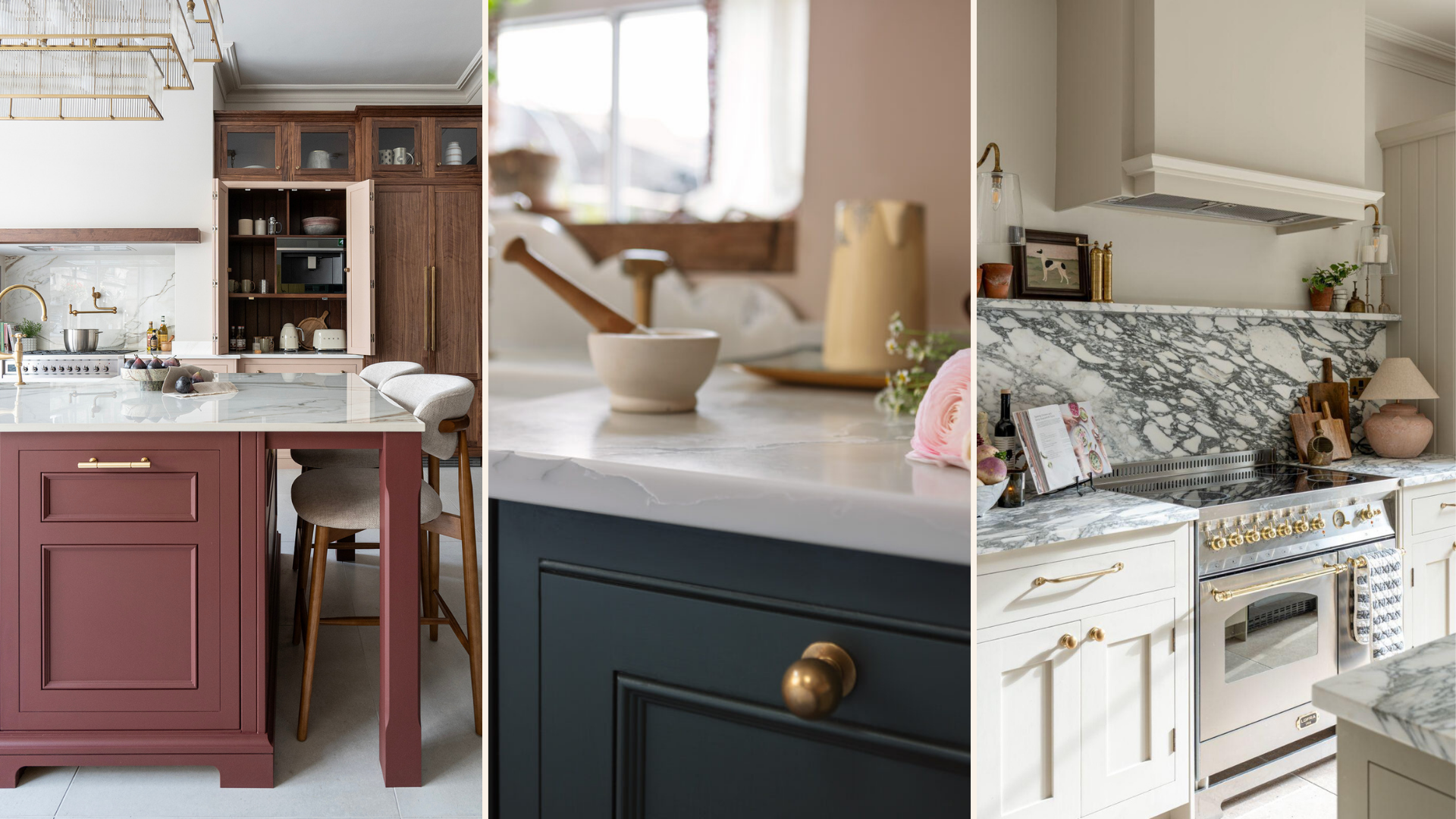 Three kitchen images showing 2027 kitchen trends including: burgundy and rich colour kitchens, brass hardware, statement stone and premium craftsmanship