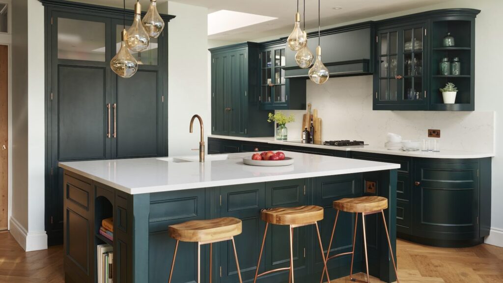 Dark green Original kitchen with island and pendant lights
