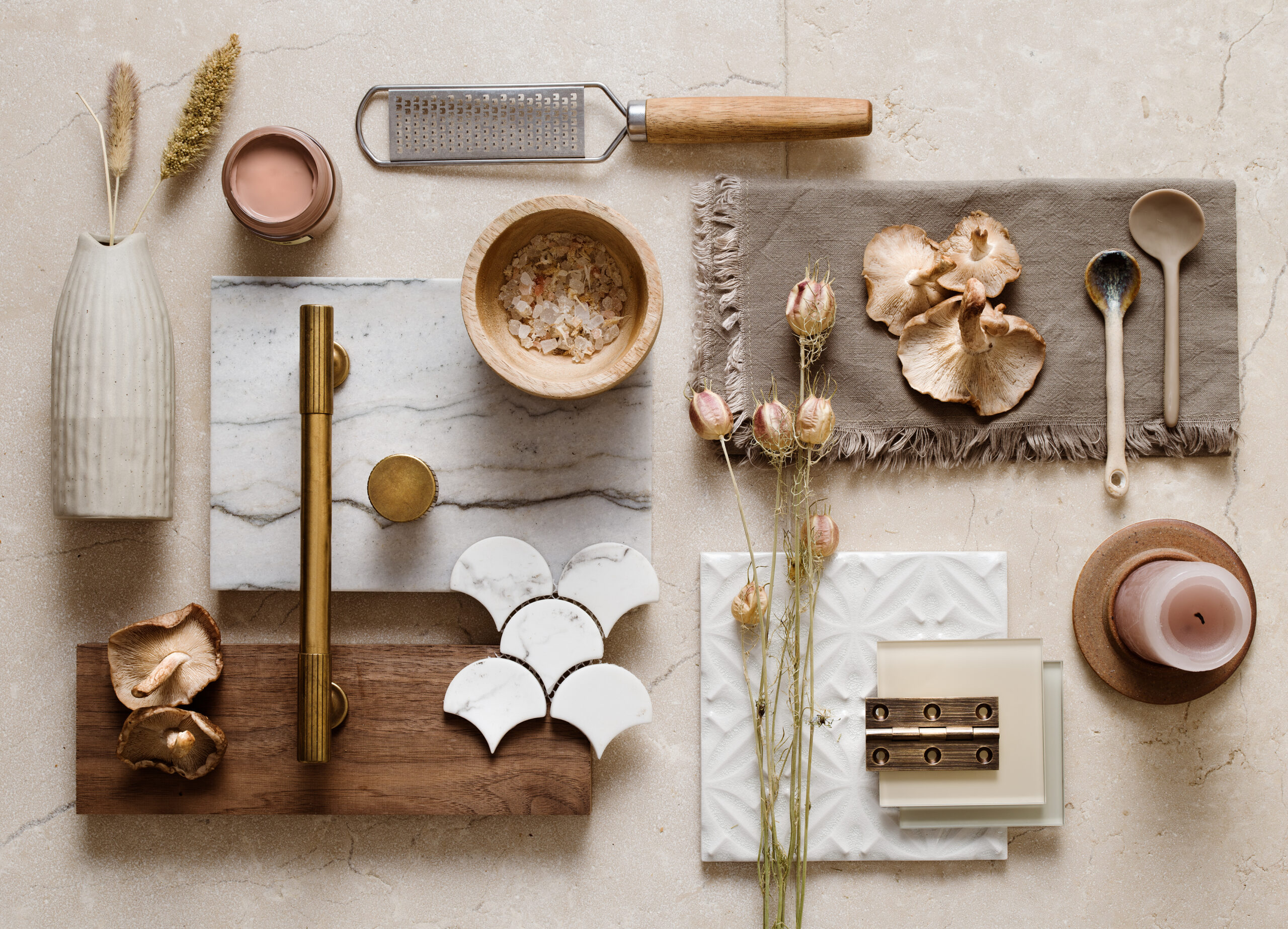 Moodboarding materials for a luxury Harvey Jones kitchen - with tiles, wood, materials, handles